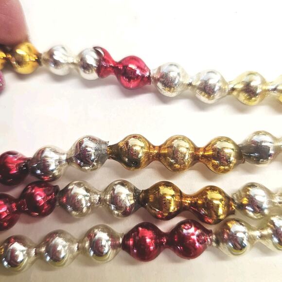 Vintage Double Bead Mercury Glass Christmas Tree Garland 100" Red Gold Silver - Picture 10 of 12